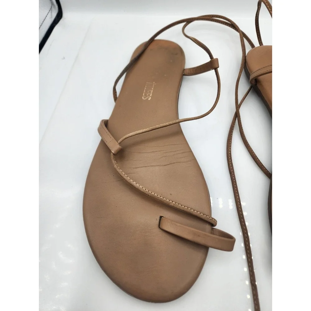 TKEES Jo Leather Lace Up Sandals Tan Brown Toe Loop Flat Ankle Tie Size 10 41
